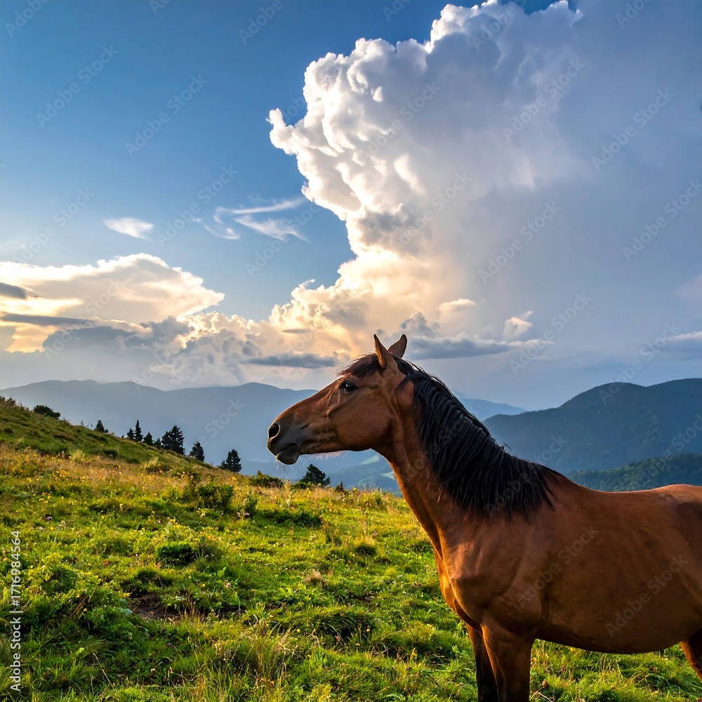 Fototapeta premium Majestic horse on mountaintop at sunset