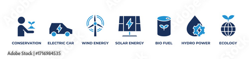 Green Innovation Icons set vector illustration blue with Conservation, Electric car, Wind energy, Solar energy, Bio fuel, Hydro power, Ecology