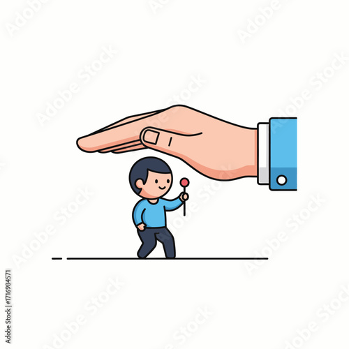 A cartoon illustration of a large hand protecting a small child holding a red flower, symbolizing care and guardianship.