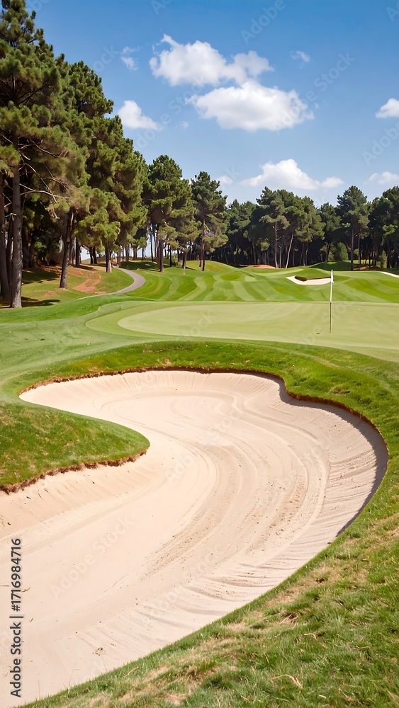 Fototapeta premium A golf course fairway with a sandy bunker