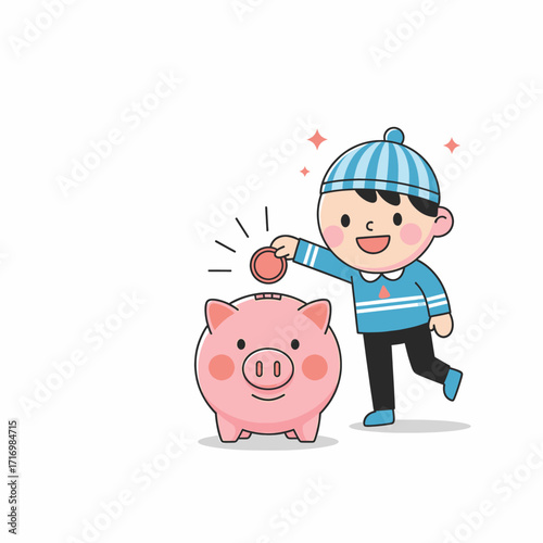 A happy young boy in a blue hat and sweater is putting a coin into a pink piggy bank.
