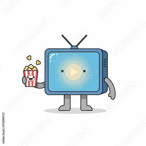 Cute cartoon television character holding popcorn, ready to watch a movie or show.