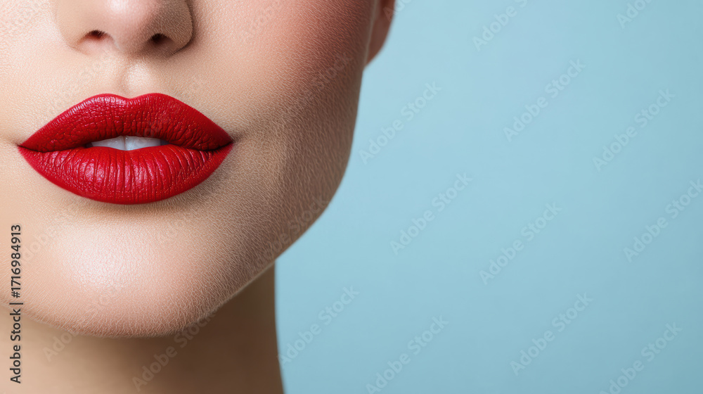 Obraz premium Vibrant red lips with matte finish against soft blue background create striking visual appeal