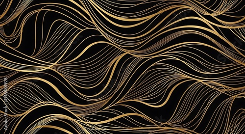 Luxurious black background is adorned with a mesmerizing pattern of gold wavy lines, creating a sophisticated and elegant design.