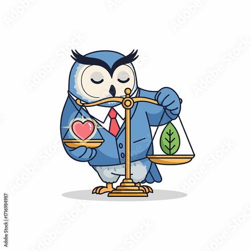 A wise owl in a suit weighs a heart against a leaf on a scale.