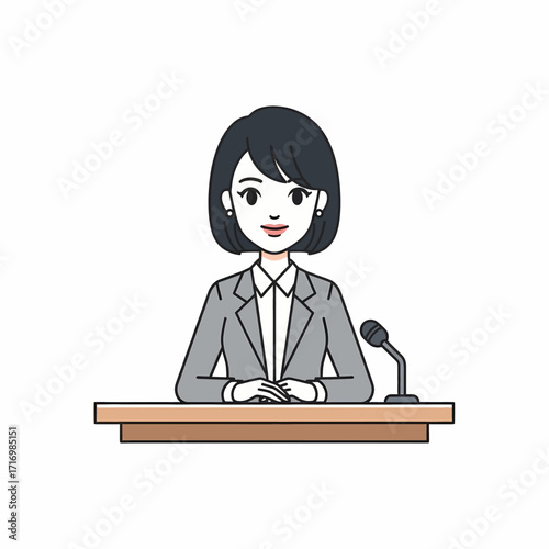 Smiling female news anchor sitting at desk with microphone.