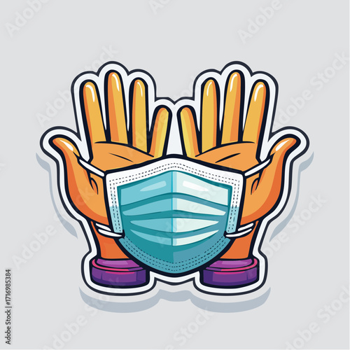 Cartoon sticker illustration of two hands holding a medical face mask, a symbol of health, safety, and protection during a pandemic