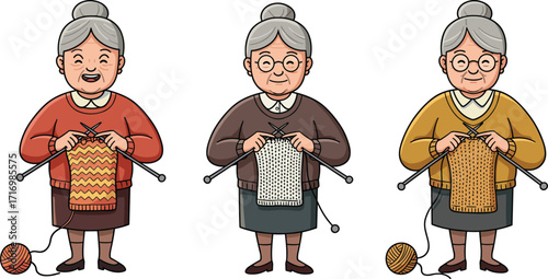 Elderly women knitting colorful patterns, traditional craft illustration, handmade textile art, senior hobby, yarn work, creative pastime, vector design, cozy lifestyle scene