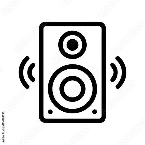 Black outline icon of a stereo speaker producing sound waves, a simple vector graphic for audio, music, and volume concepts