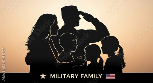 Silhouette of a military family with a soldier saluting against a sunset sky, symbolizing unity and service.