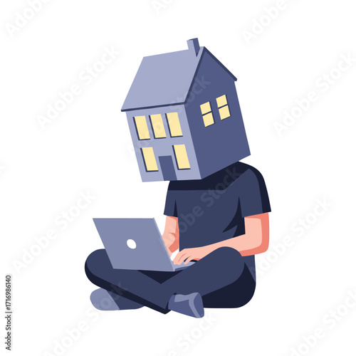 Person with house head using laptop, sitting cross-legged, isolated on white.
