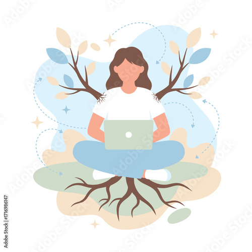Woman working on a laptop, surrounded by stylized tree branches and roots, symbolizing growth and productivity.