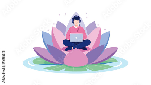 A person sitting cross-legged on a lotus flower, working on a laptop, with headphones.