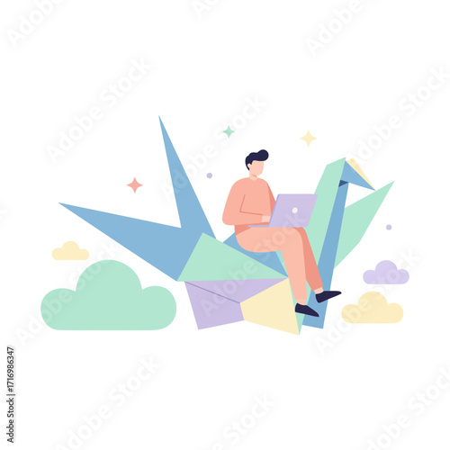 Illustration of a person sitting on a paper crane while using a laptop.