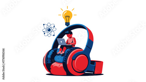 A child sits in large headphones, working on a laptop, with a lightbulb and atom graphic above, suggesting learning and innovation.