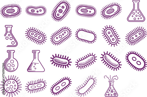 Research microbes and lab beakers for medical projects and scientific publications