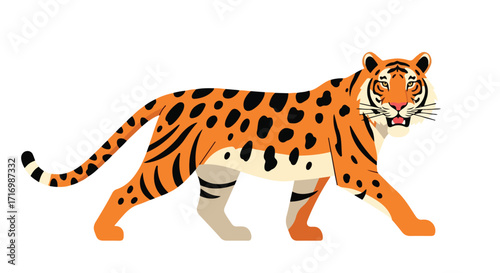 Stylized tiger illustration displaying its majestic stride against a white background showcasing the wild beauty and grace of this apex predator