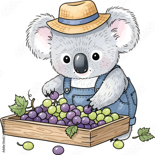 Cute koala wearing a hat and overalls picking grapes.