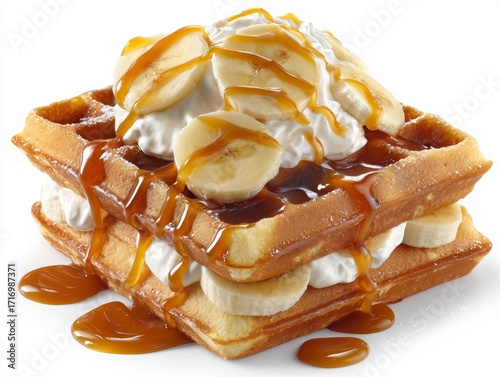 A mouthwatering stack of waffles adorned with banana slices, whipped cream, and drizzled caramel sauce, offering a tempting treat