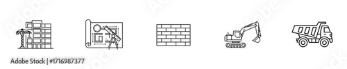Construction icons representing buildings, tools, and vehicles  