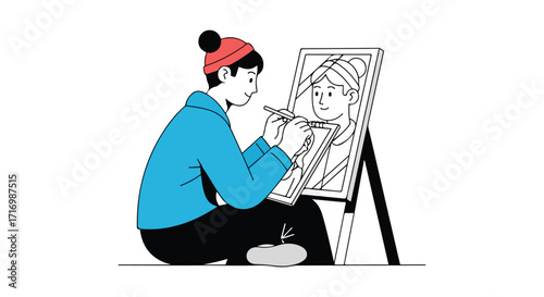 Artist creating portrait in studio, young male artist illustration of painter drawing with inspiration and creativity while seated working on easel