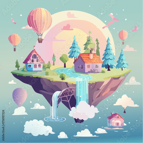 Dreamy pastel illustration of a whimsical floating island with charming houses, a waterfall, and hot air balloons in a surreal sky