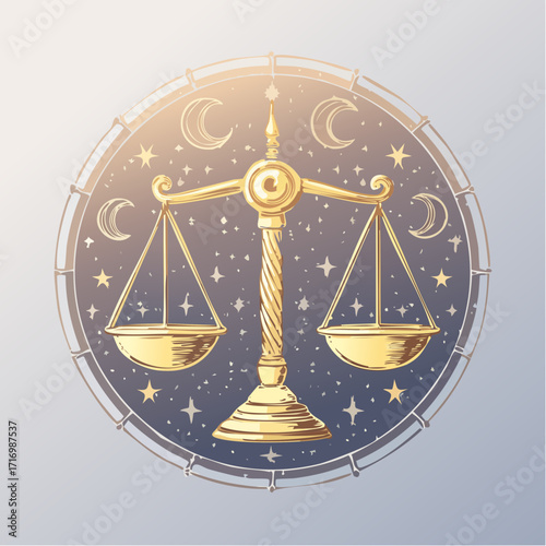 Golden Libra Scales Illustration with Moon and Stars for Zodiac Sign