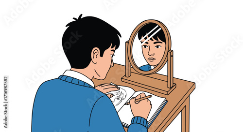 Contemplative cartoon illustration of a young man sketching his own portrait using a mirror as a reference point on a simple background