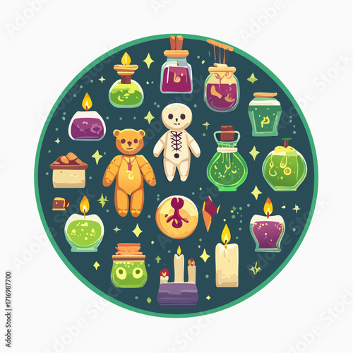 Vibrant circular illustration of magical witchcraft and voodoo elements, including potions, a poppet, and enchanted candles