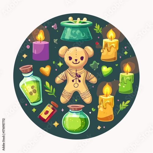 Mystical Charm Voodoo Doll and Spellbinding Potions Illustration
