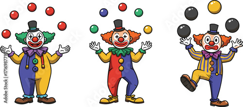 Colorful cartoon clowns juggling balls, circus performance illustration, playful characters, festive entertainment, vector art, children’s fun, carnival theme, vibrant design, humor
