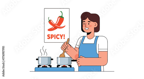 Cartoon Illustration of Woman Cooking a Spicy Dish with Red Peppers on the Wall Backdrop Representing Heat and Flavor While Stirring