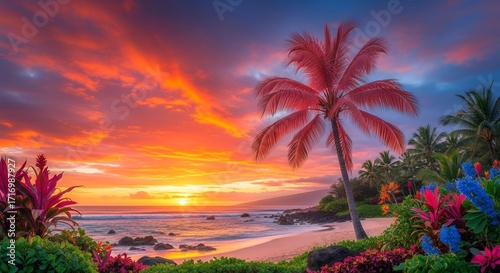 Tropical Beach Sunset Scene with Pink Palm Tree and Vibrant Flowers