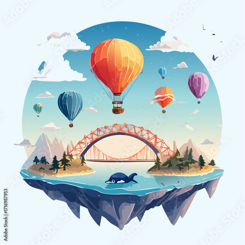 Floating Island Adventure Hot Air Balloons and Sea Turtle