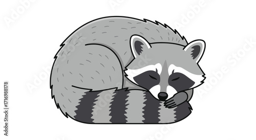 Illustration of a peacefully sleeping raccoon curled up on a white backdrop conveying tranquility and childlike charm with soft curves and details