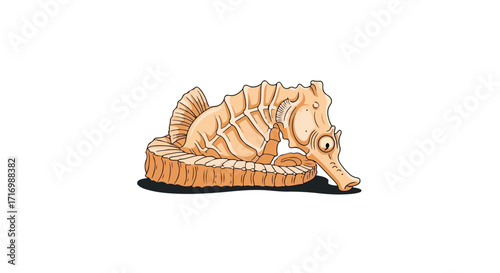 Cartoon seahorse character resting on an intricate coral reef structure illustration created digitally on a clear white background landscape