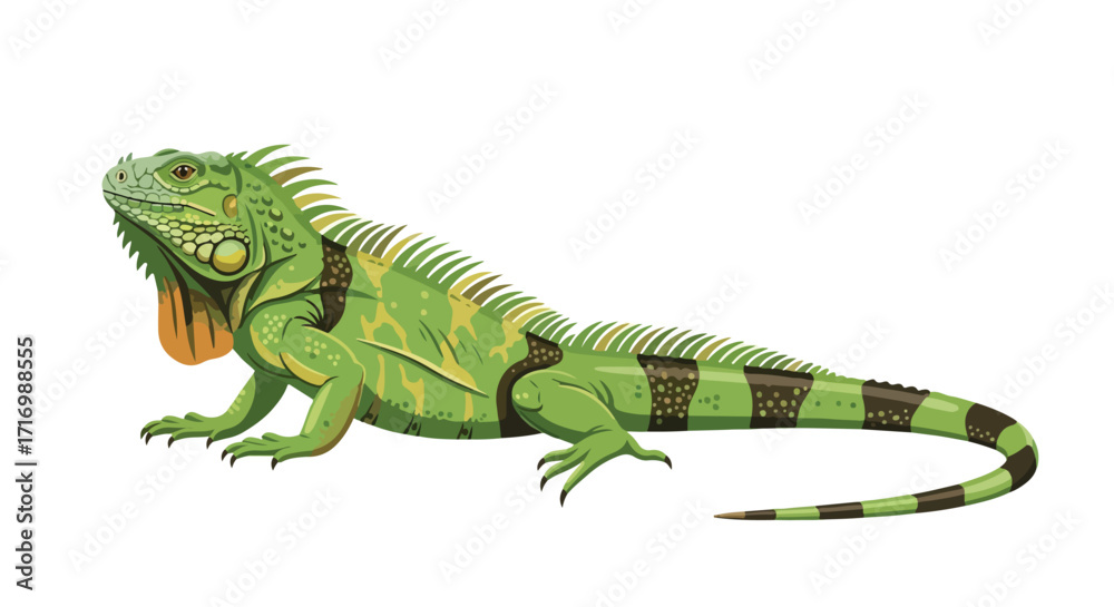 Obraz premium Illustrative depiction of a vibrant green iguana basking in a serene environment, displaying intricate details of scales and spines against a clean