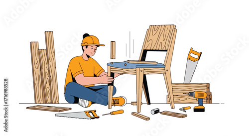 Artistic representation of a woodworker assembling a chair in a workshop, showcasing the craftsmanship and woodworking tools with a focus on