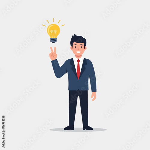 Businessman with Idea: Cartoon Illustration of a Bright Lightbulb Above Head.