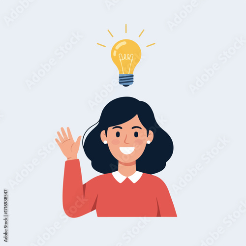 Illustrated cheerful woman with dark hair wearing a red top waving a glowing idea lightbulb above her head.