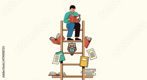 Ascending knowledge: A man perched atop a ladder amidst books, embodying education and learning, creating a delightful whimsical scene, illustrating