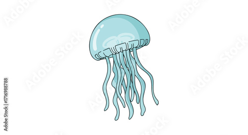 Illustration of a translucent blue jellyfish with long tentacles floating in an ocean environment
