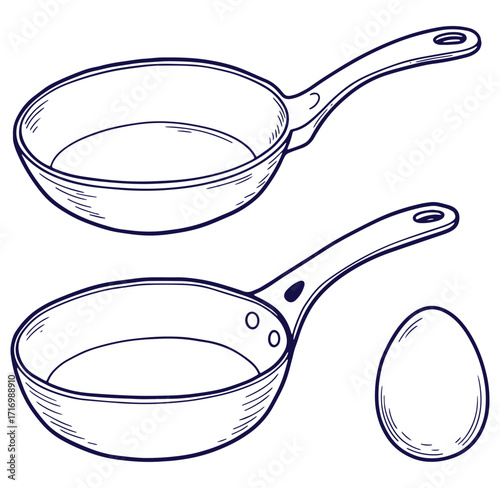 Hand drawn illustration of two frying pans and an egg perfect for breakfast or brunch menus