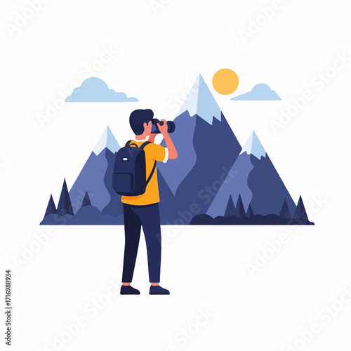 Male photographer in a yellow shirt with a backpack seen from behind while taking a picture Flat vector illustration.