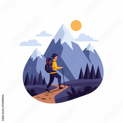 Flat vector illustration of a hiker with a backpack and walking stick on a mountain trail.