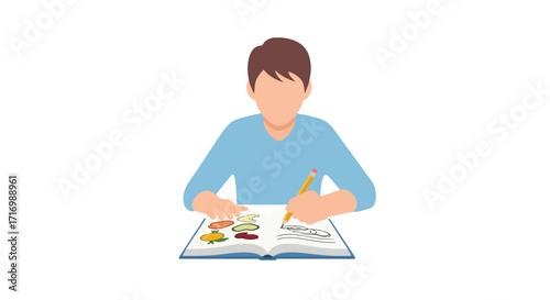 Illustrative depiction of a young person creatively sketching food items and abstract designs within the open pages of a book using a pencil