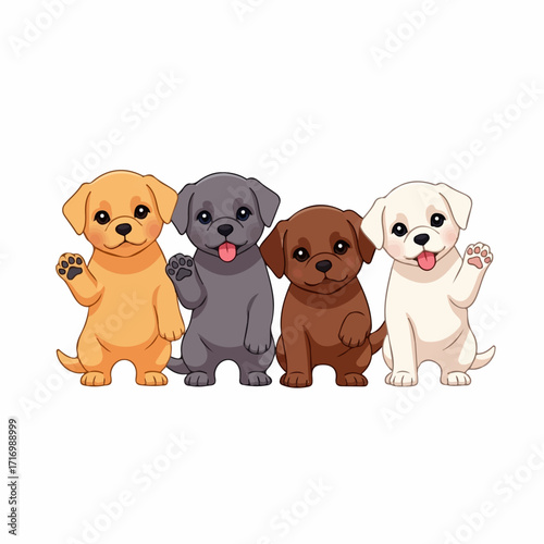 Four adorable cartoon puppies of different colors waving hello.