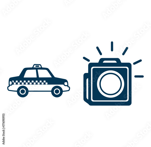 Iconographic illustration of taxi cab and camera flash representing city photography concepts