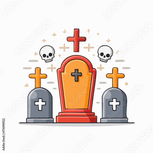 Whimsical cartoon illustration depicting a collection of gravestones, crosses, and skulls, representing themes of remembrance, mortality, and festive spooky season