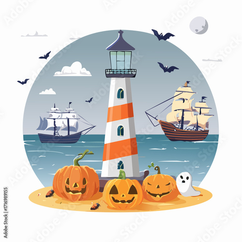 A festive Halloween scene featuring a haunted coastal lighthouse with carved pumpkins, a friendly ghost, and historic ships